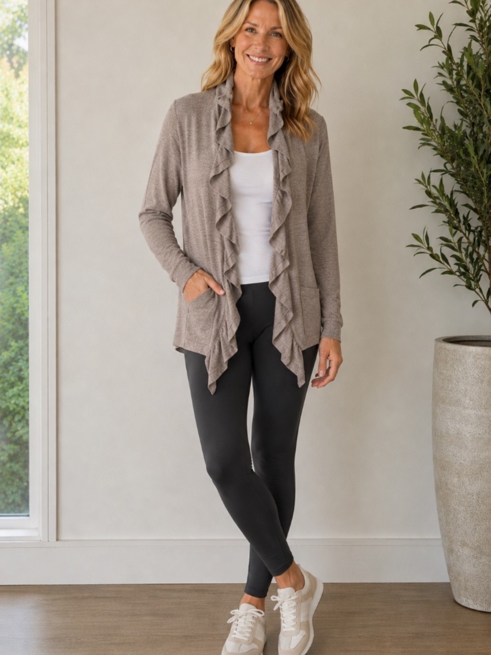 Elie Tahari Metallic Silver/Beige Ruffle Waterfall Cardigan Sweater Sz S